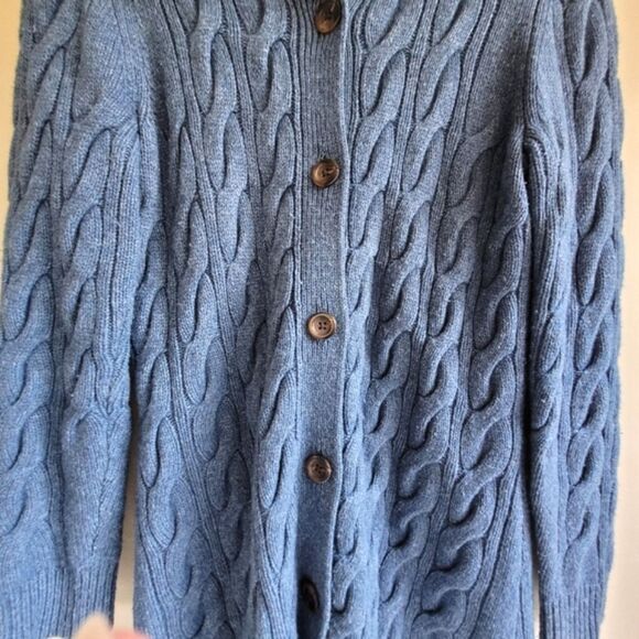 LL Bean Long Cable Knit Wool Cardigan Sweater Blue Women's Medium - Picture 5 of 6